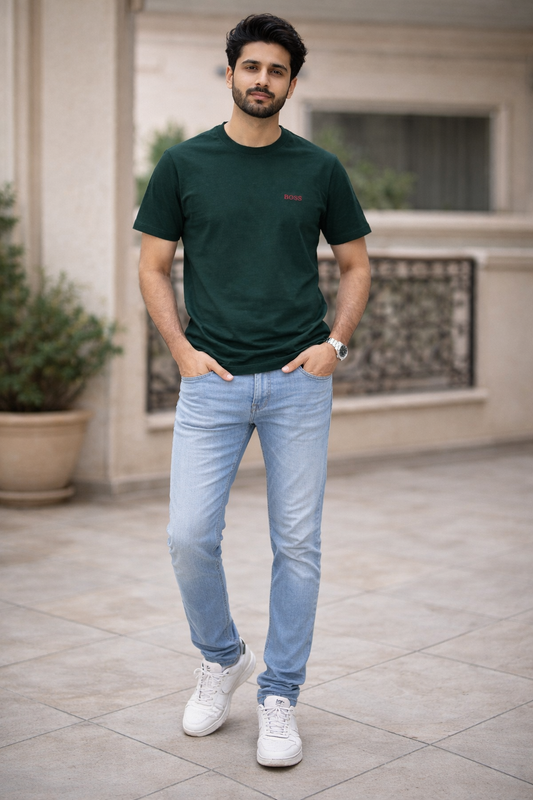 Premium Dark Green Crew Neck T-Shirt – Minimal Logo Style