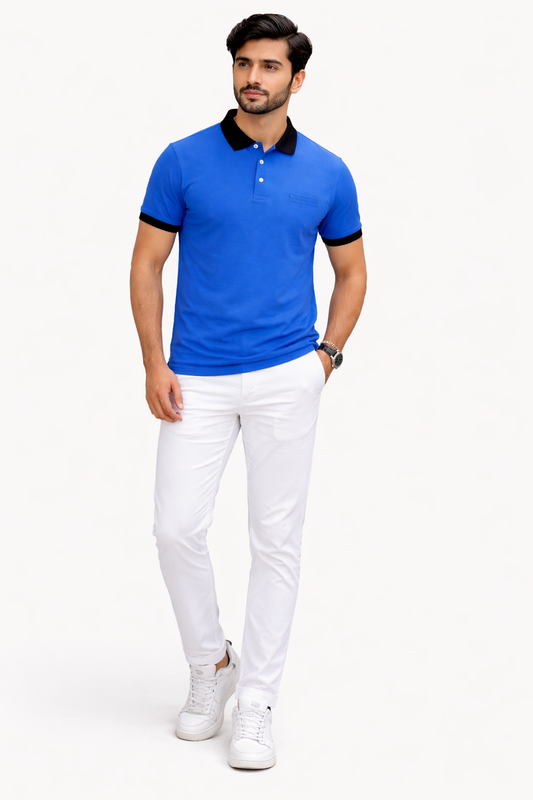 Men’s Royal Blue Polo Shirt with Black Collar – Premium Casual Fit