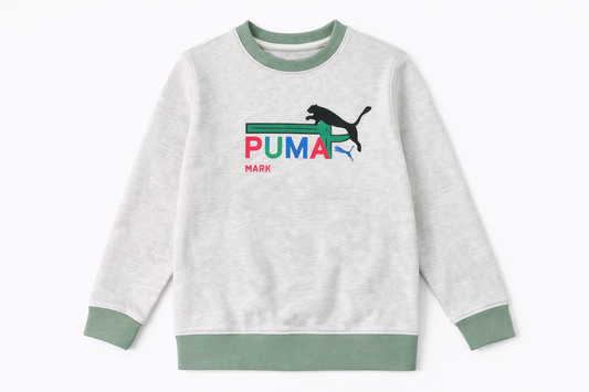Kids Puma Logo Fleece Sweatshirt – Grey with Green Ribbed Trim
