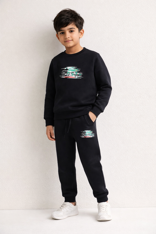 Black Graphic Printed Tracksuit – Premium Winter Co-Ord Set