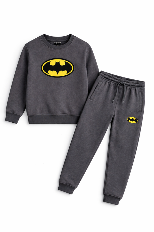 Kids Grey Superhero Print Tracksuit – Winter Sweatshirt & Jogger Set