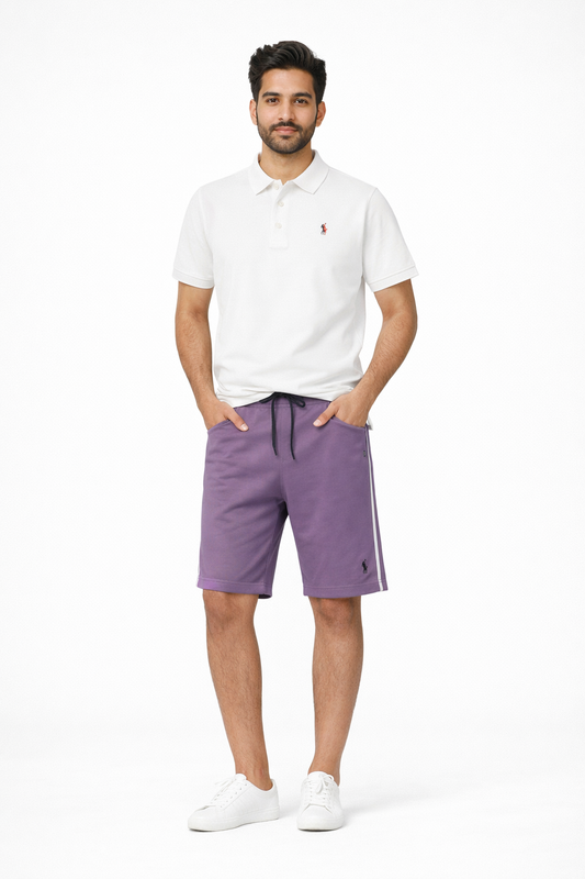 Men’s Smart Casual Summer Set – White Polo Shirt with Purple Athletic Shorts