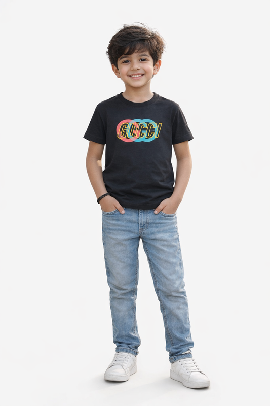 Kids Black Graphic T-Shirt – GUCCI Style Color Print Tee