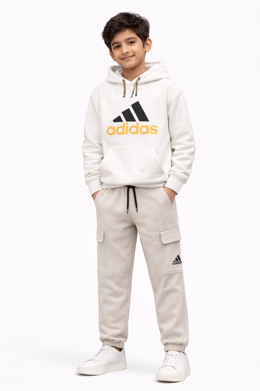 Kid’s White Printed Hoodie – Premium Fleece Winter Pullover